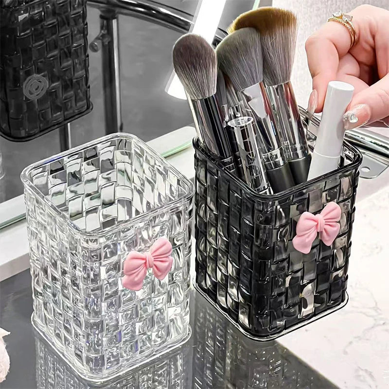 Desktop Pen Holder And Storage Box, Featuring A Bow Decoration And Storage Basket, Suitable For Storing Office Supplies