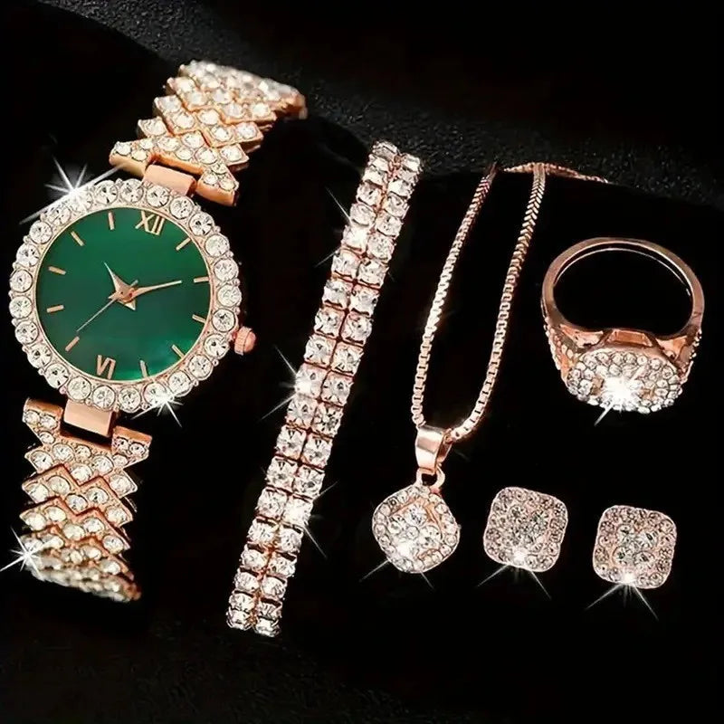 Fashionable and luxurious diamond-studded ladies' watches with five pieces of jewelry for a chic and stylish look.