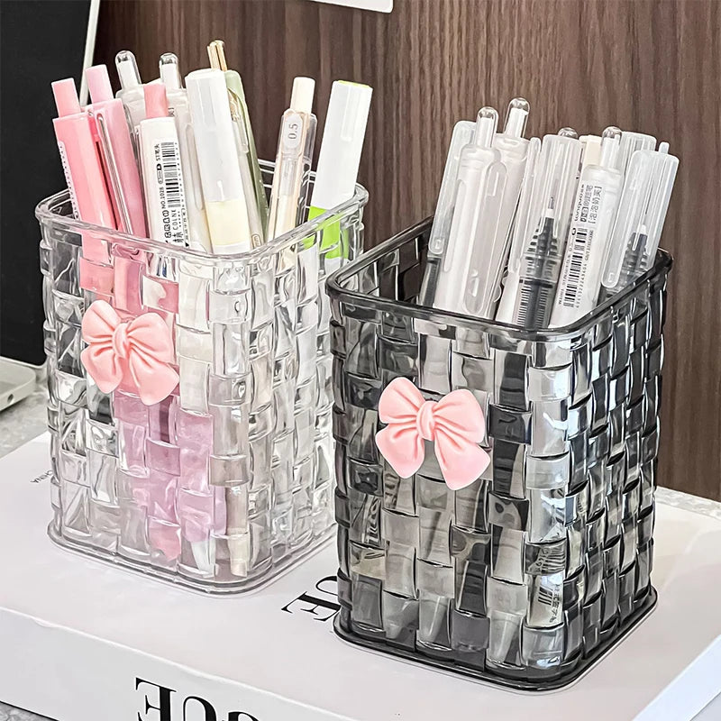 Desktop Pen Holder And Storage Box, Featuring A Bow Decoration And Storage Basket, Suitable For Storing Office Supplies