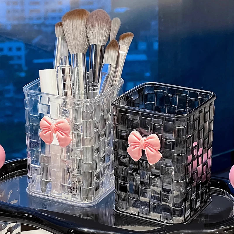 Desktop Pen Holder And Storage Box, Featuring A Bow Decoration And Storage Basket, Suitable For Storing Office Supplies