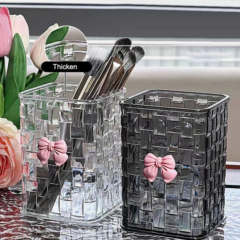 Desktop Pen Holder And Storage Box, Featuring A Bow Decoration And Storage Basket, Suitable For Storing Office Supplies