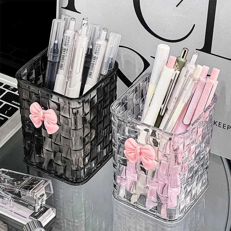 Desktop Pen Holder And Storage Box, Featuring A Bow Decoration And Storage Basket, Suitable For Storing Office Supplies