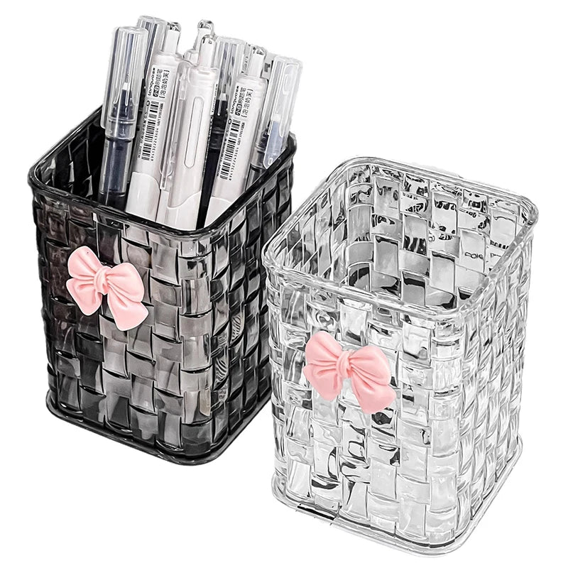 Desktop Pen Holder And Storage Box, Featuring A Bow Decoration And Storage Basket, Suitable For Storing Office Supplies