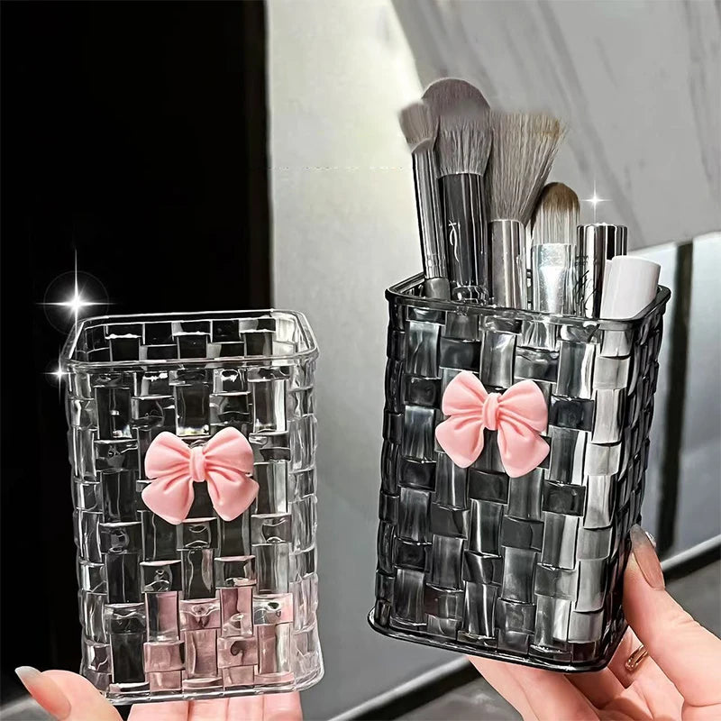 Desktop Pen Holder And Storage Box, Featuring A Bow Decoration And Storage Basket, Suitable For Storing Office Supplies