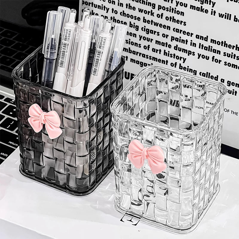 Desktop Pen Holder And Storage Box, Featuring A Bow Decoration And Storage Basket, Suitable For Storing Office Supplies