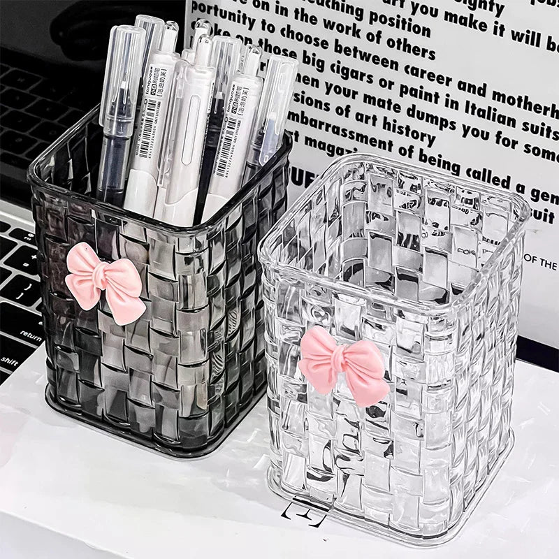 Desktop Pen Holder And Storage Box, Featuring A Bow Decoration And Storage Basket, Suitable For Storing Office Supplies
