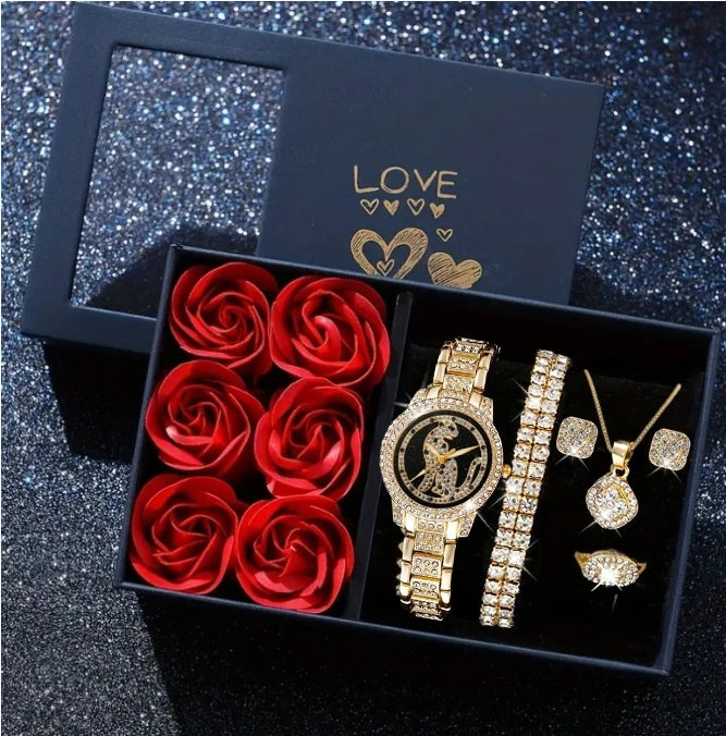 Fashionable and luxurious diamond-studded ladies' watches with five pieces of jewelry for a chic and stylish look.