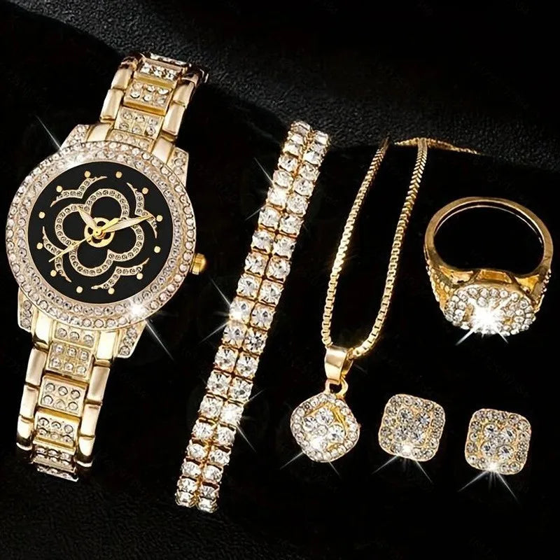 Fashionable and luxurious diamond-studded ladies' watches with five pieces of jewelry for a chic and stylish look.