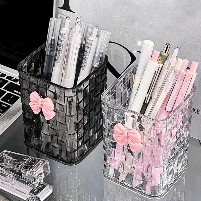 Desktop Pen Holder And Storage Box, Featuring A Bow Decoration And Storage Basket, Suitable For Storing Office Supplies