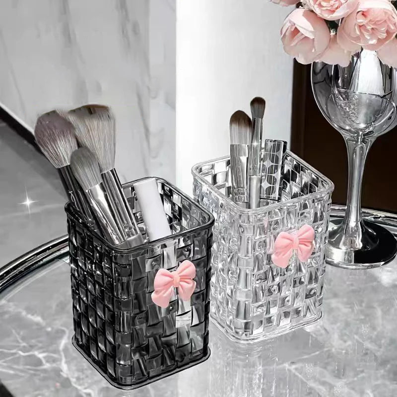 Desktop Pen Holder And Storage Box, Featuring A Bow Decoration And Storage Basket, Suitable For Storing Office Supplies